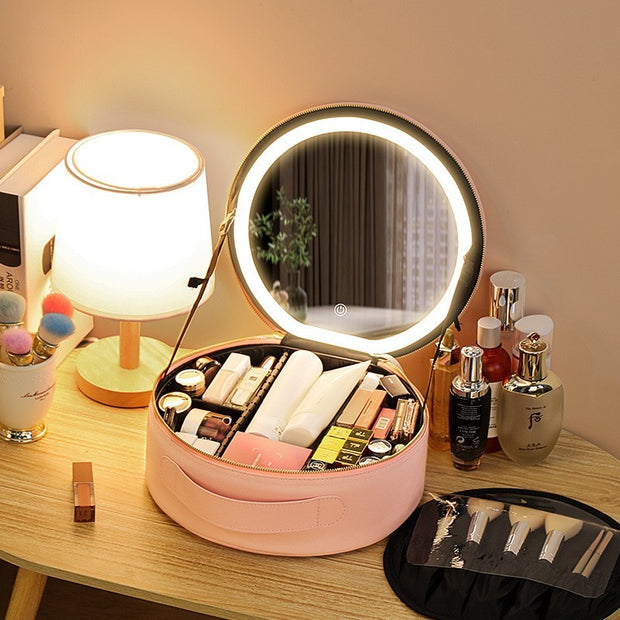 Round Smart LED Makeup Bag With Mirror Lights Women