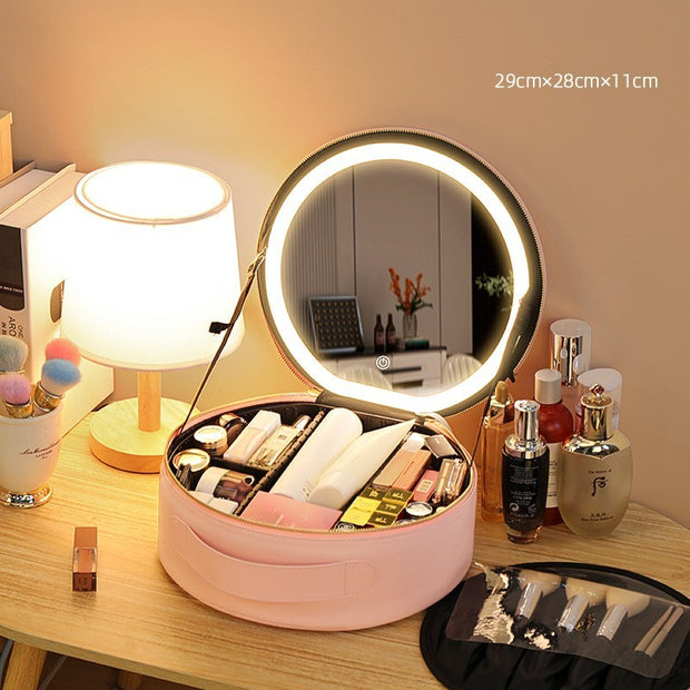 Round Smart LED Makeup Bag With Mirror Lights Women