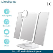 Trifold Makeup Mirror With Light 68 LED Vanity Mirrors 10X Magnifying