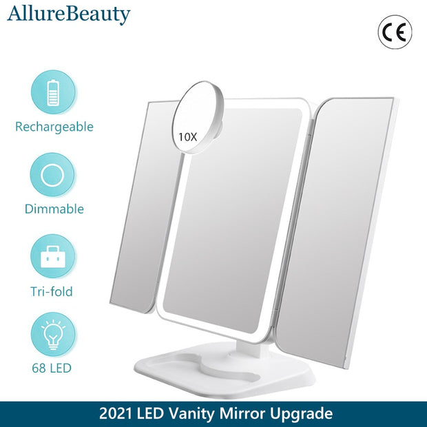 Trifold Makeup Mirror With Light 68 LED Vanity Mirrors 10X Magnifying
