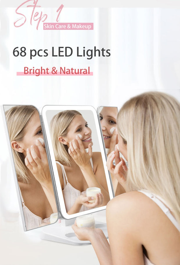Trifold Makeup Mirror With Light 68 LED Vanity Mirrors 10X Magnifying