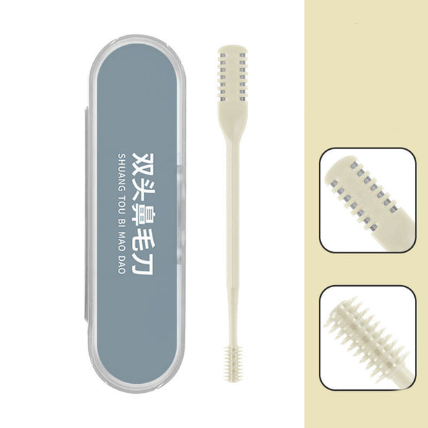360° double head portable nose hair trimmer with compact case and brush design, ideal for easy grooming.