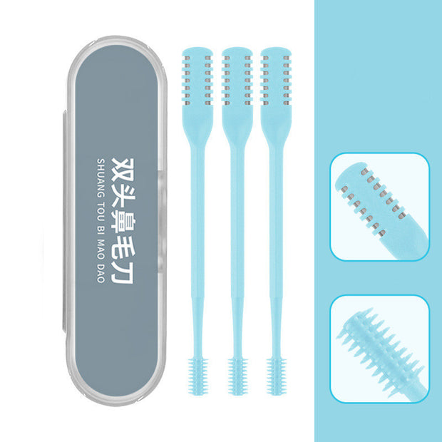 360° double head nose hair trimmer set with three brushes in a sleek storage case.
