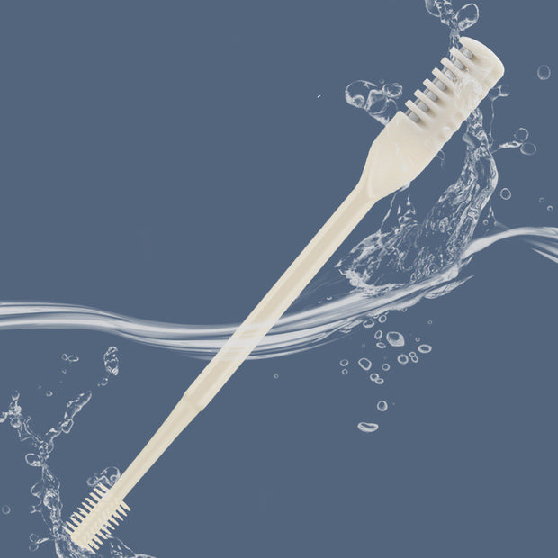 Portable nose hair trimmer with a dual head design, featuring a ergonomic handle and water splash effect background.