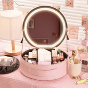 Round Smart LED Makeup Bag With Mirror Lights Women