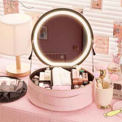 Round Smart LED Makeup Bag With Mirror Lights Women