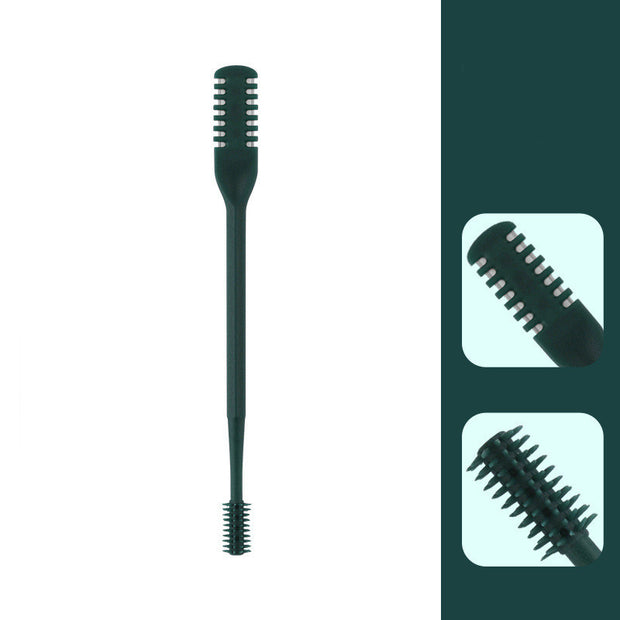 Black dual-sided beauty brush with fine and coarse bristles for versatile grooming.