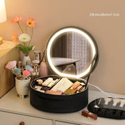 Round Smart LED Makeup Bag With Mirror Lights Women