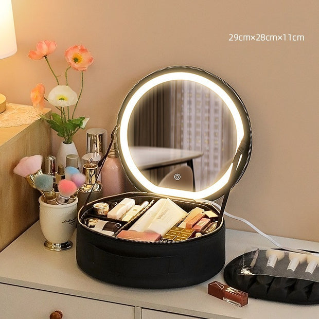 Round Smart LED Makeup Bag With Mirror Lights Women