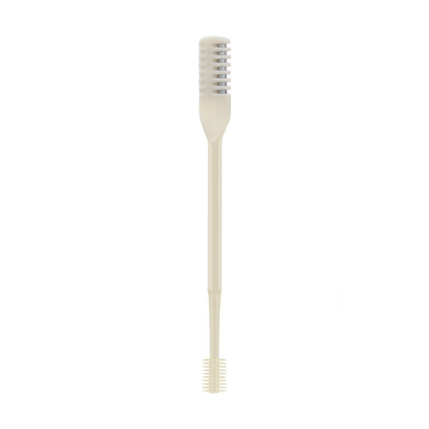 Portable nose hair trimmer with double-head design and cleaning brush, suitable for personal grooming.