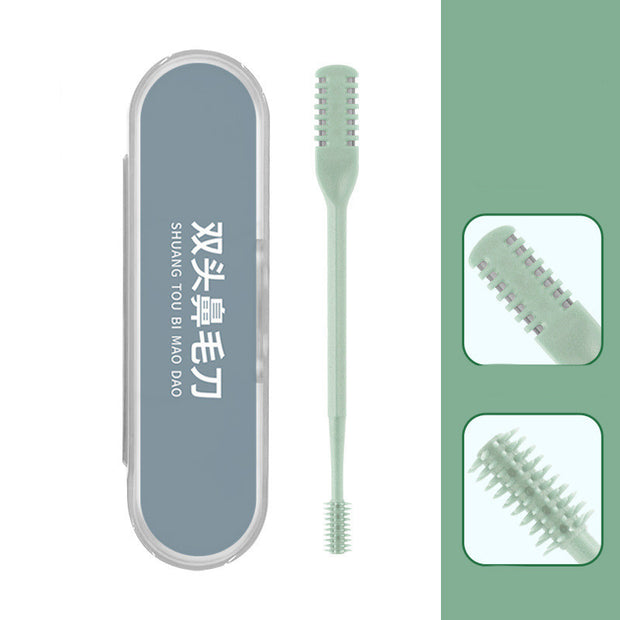 360° double head portable nose hair trimmer with stainless steel blade and ergonomic handle in green color.