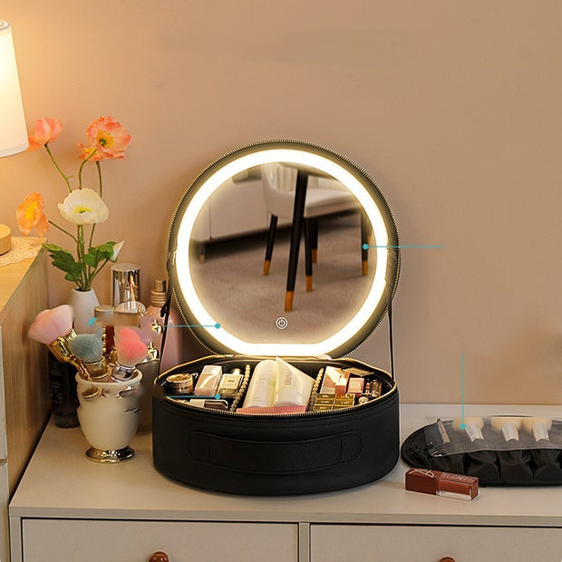 Round Smart LED Makeup Bag With Mirror Lights Women